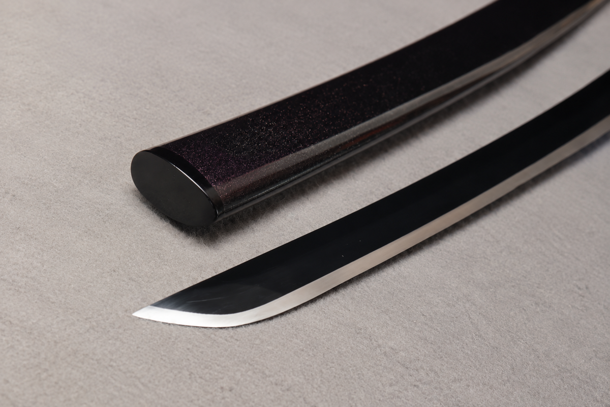 Unsharpened Phoenix Collector Katana — Spring Steel, Copper Mounts, Slim Saya — saya detail
