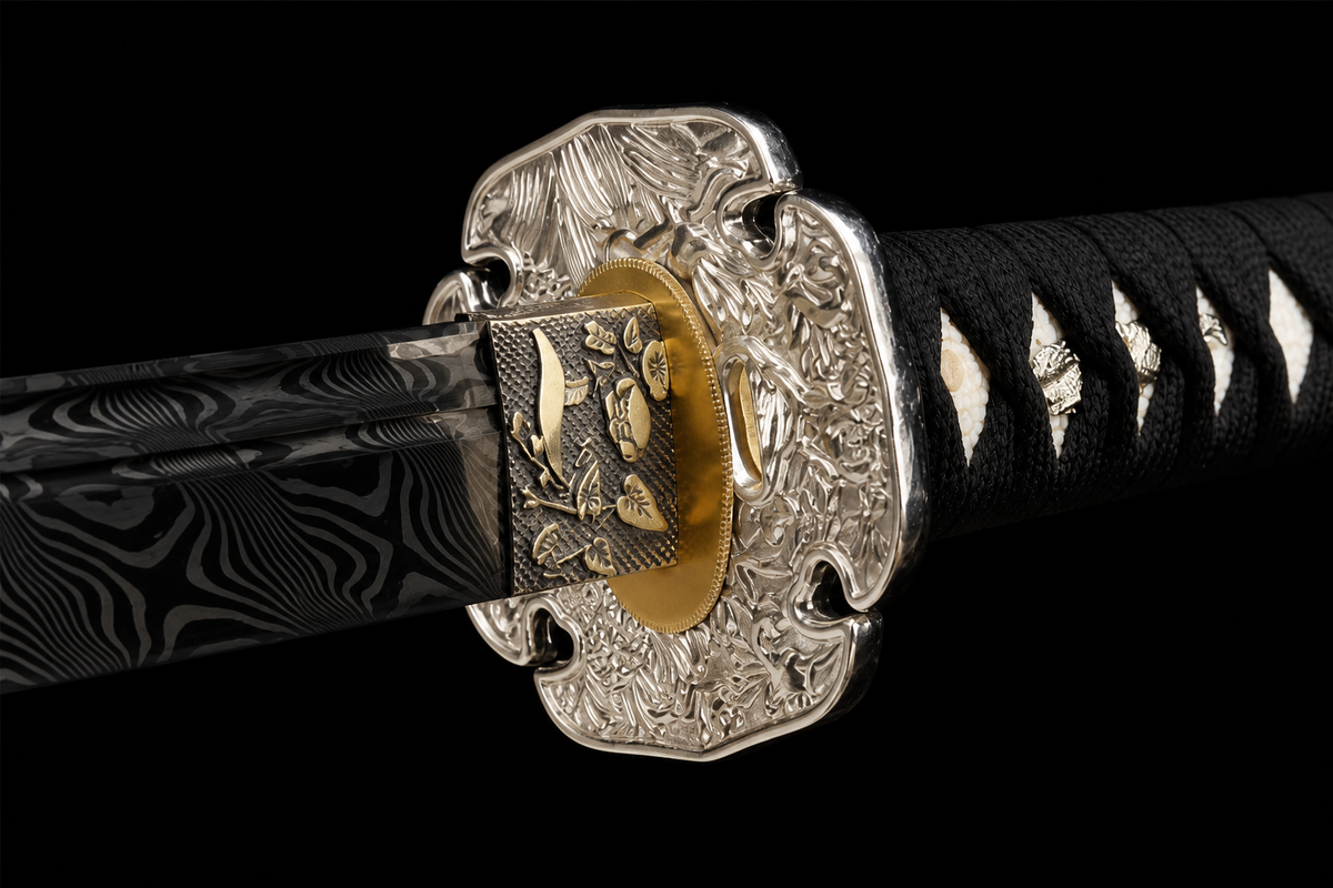Twisted-Grain Katana — Folded T8, White Eagle Saya — tsuba detail