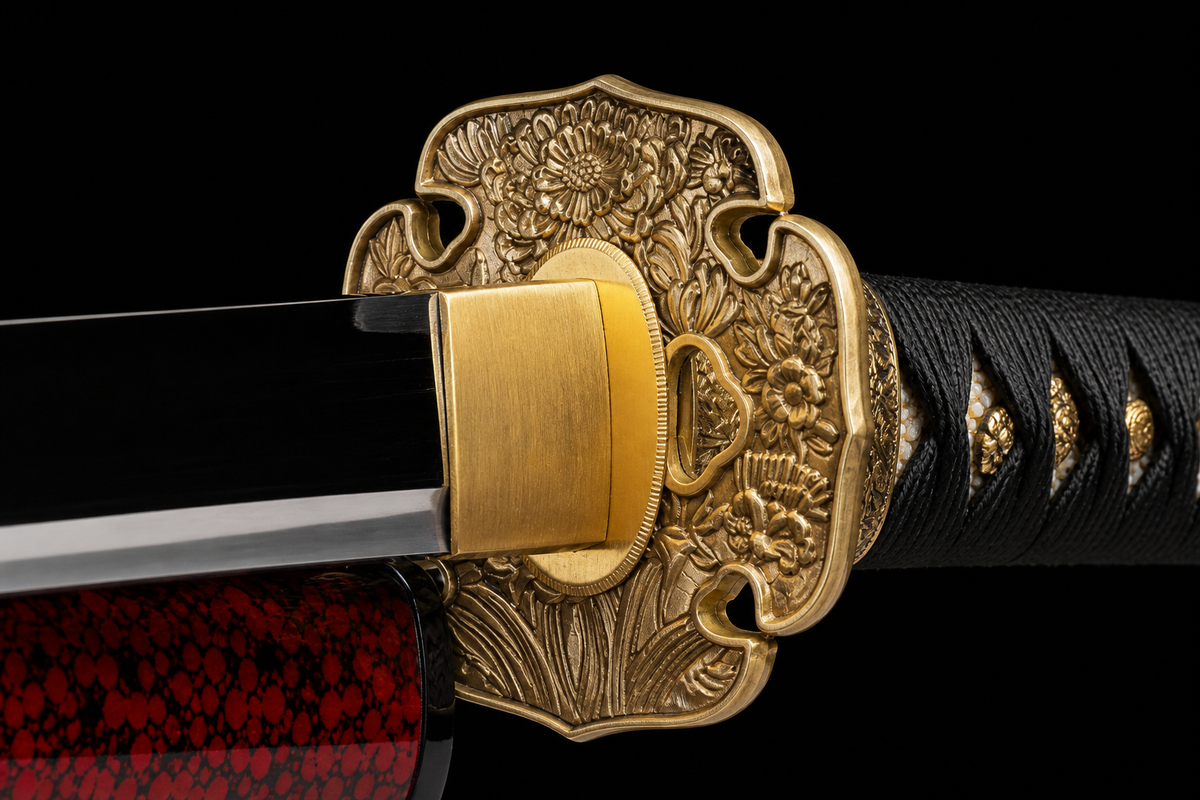 Chrysanthemum-Tsuba Katana — Mirror-Polished 5160, Red Mottled Saya — tsuba detail