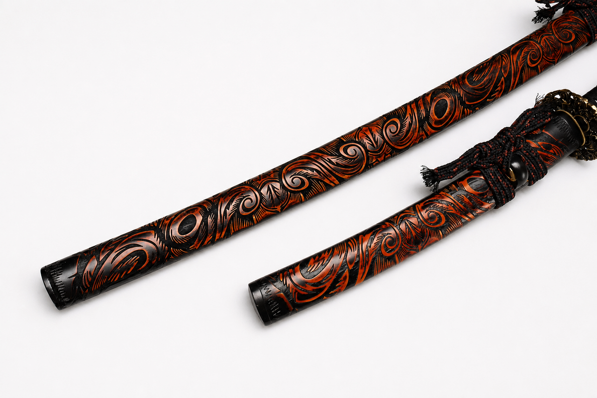Daisho Set — Mirror-Polished 5160, Carved Red-and-Black Saya — carved saya and sageo detail