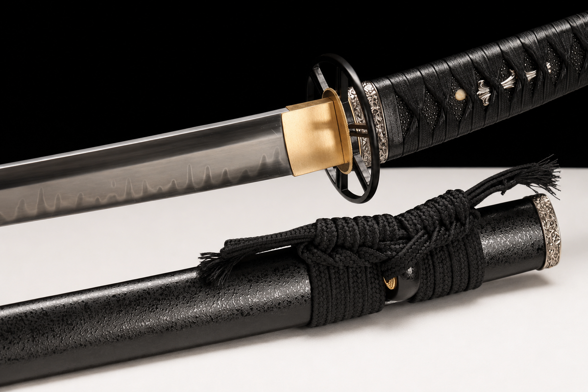 Unsharpened Curved-Tsuka Han-Tachi — Clay-Tempered T10, Alloy Fittings — habaki and koiguchi detail