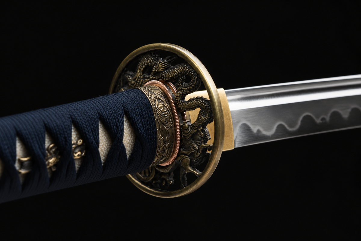 Rising Dragon Katana — Clay-Tempered T1095, Wave-Inlaid Saya, Copper Fittings — tsuba detail