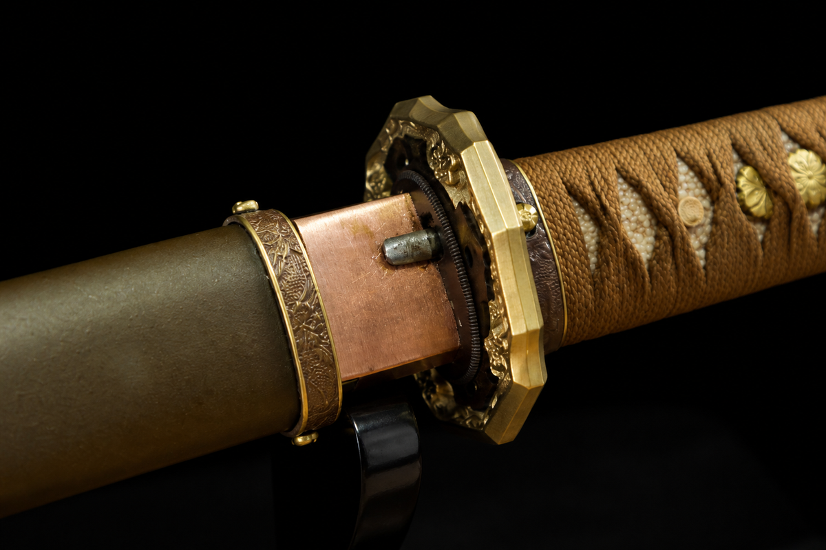 T10 Clay-Tempered Type 98 Sword — Tan Ito, Olive Iron Saya — photograph 5