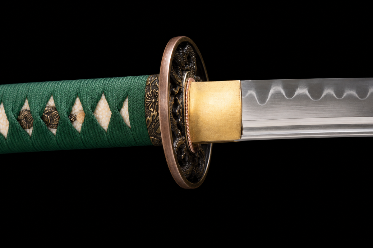 Karakusa Katana — Clay-Tempered T1095, Wine Saya, Green Ito — tsuba detail