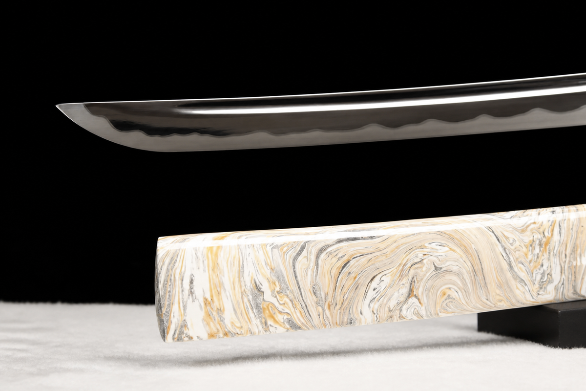 Unsharpened Aurora Collector Katana — 5160 Spring Steel, Slim Saya — kissaki detail