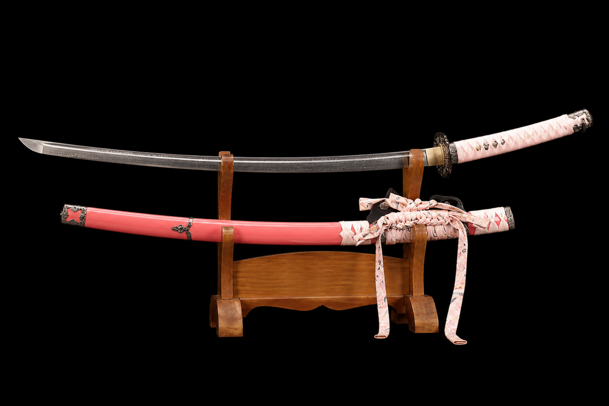Deep-Curve Tachi — Patterned Steel, Coral Saya, Sakura Ito — drawn, angled full view