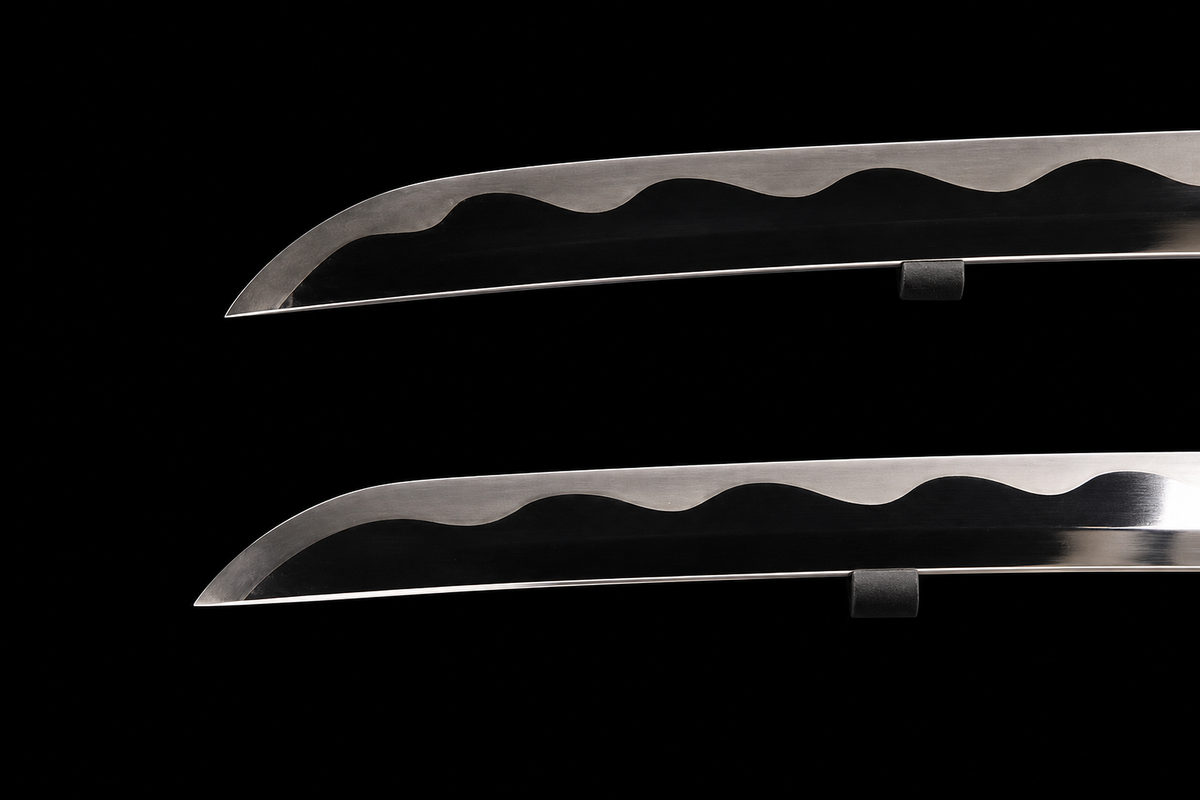 Daisho Set — Mirror-Polished 5160, Carved Red-and-Black Saya — both kissaki and polished grain detail