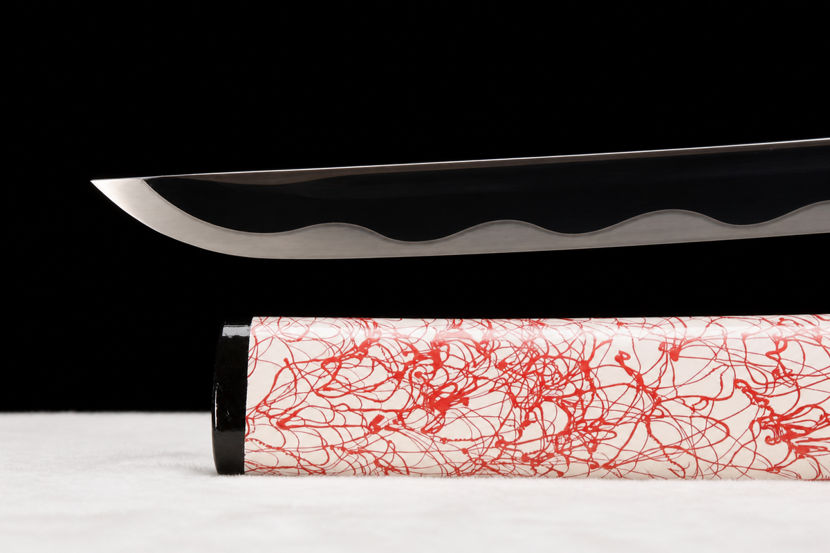 Unsharpened Python-Motif Collector Katana — 5160 Spring Steel, Copper-Alloy Fittings — 刀尖研磨与鞘尾细节