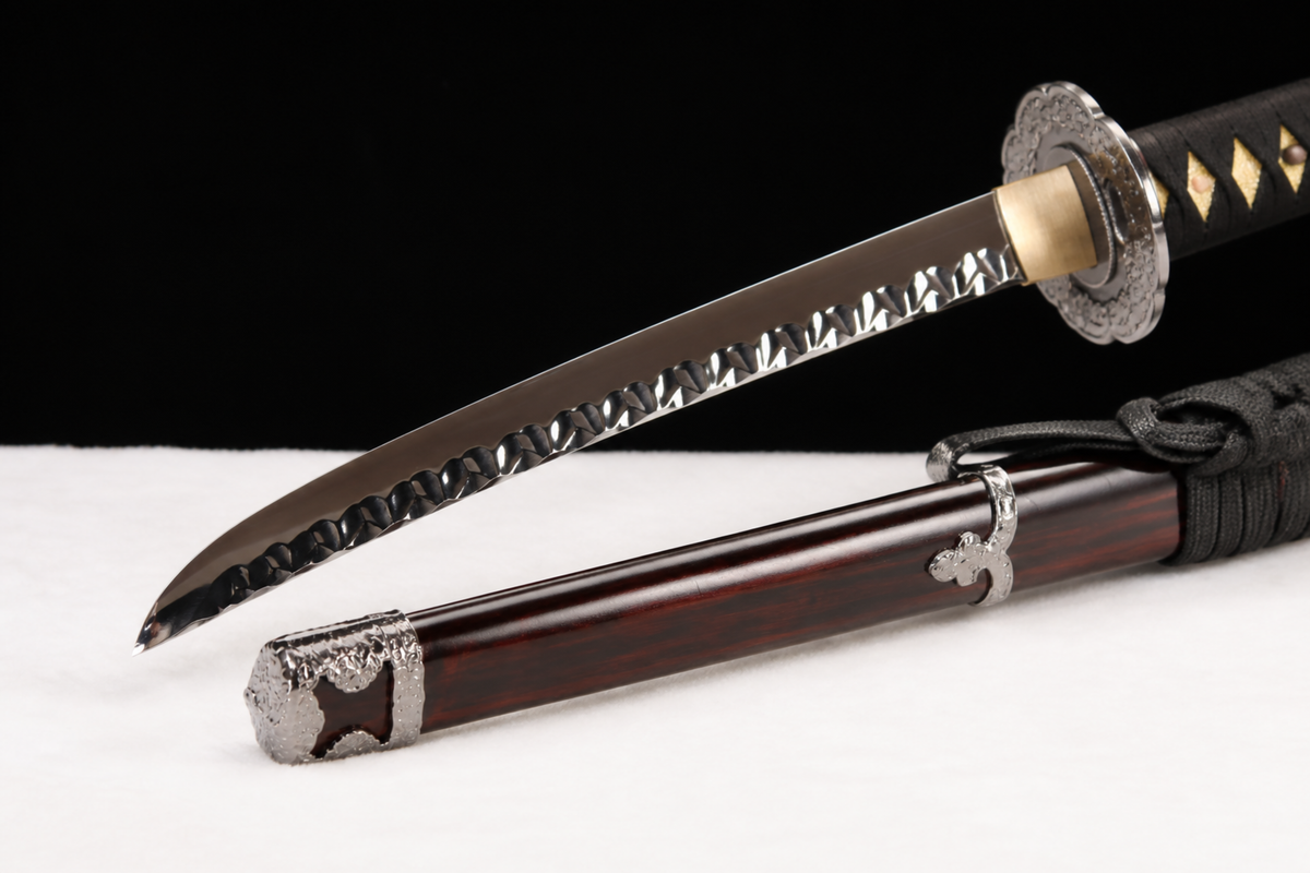 Unsharpened Tokugawa Hammered-Finish Collector Tachi — T10 Tool Steel, Alloy Fittings — kissaki detail
