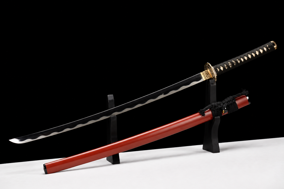 Rising Dragon Katana — Vermilion Saya, Gold Openwork Tsuba — drawn, angled full view