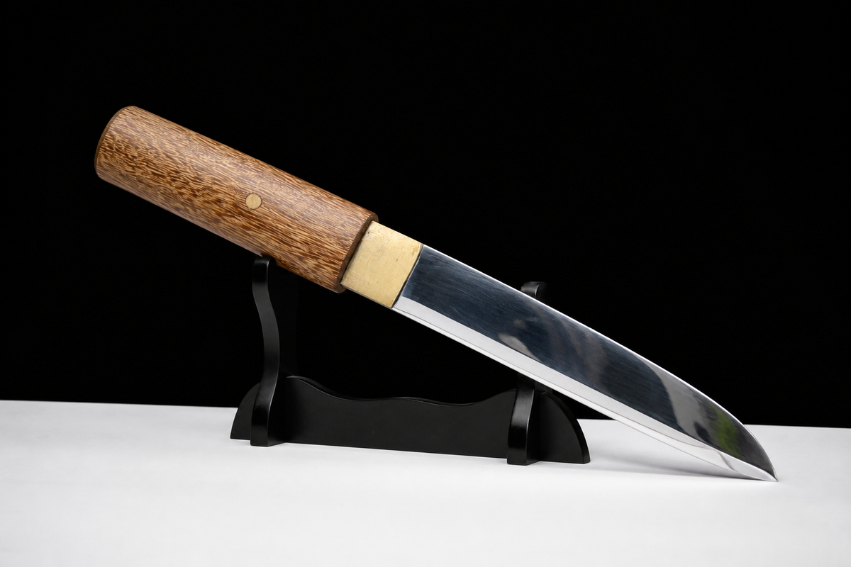 Wenge Tanto — Shinogi Blade, Brass Habaki — drawn, angled full view