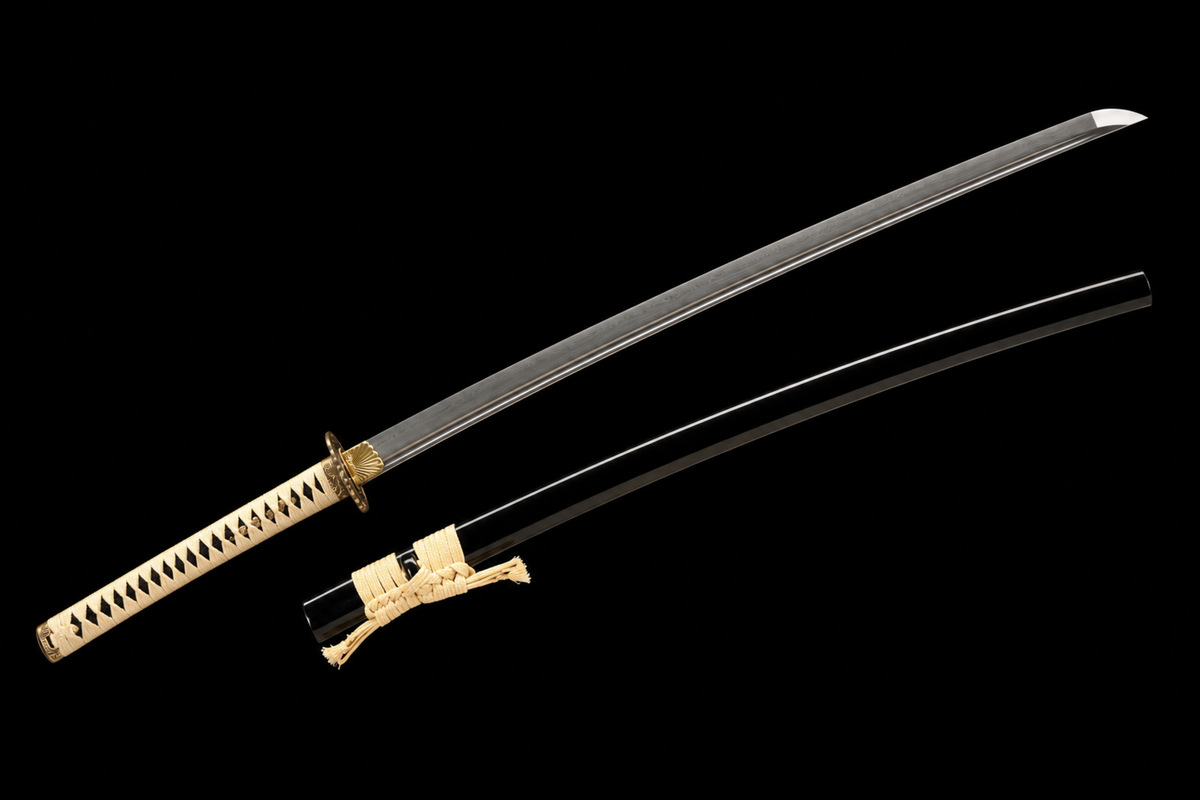 Odachi — 130 cm Patterned Steel, Ivory Ito, Gold-Plated Tsuba — drawn, angled full view
