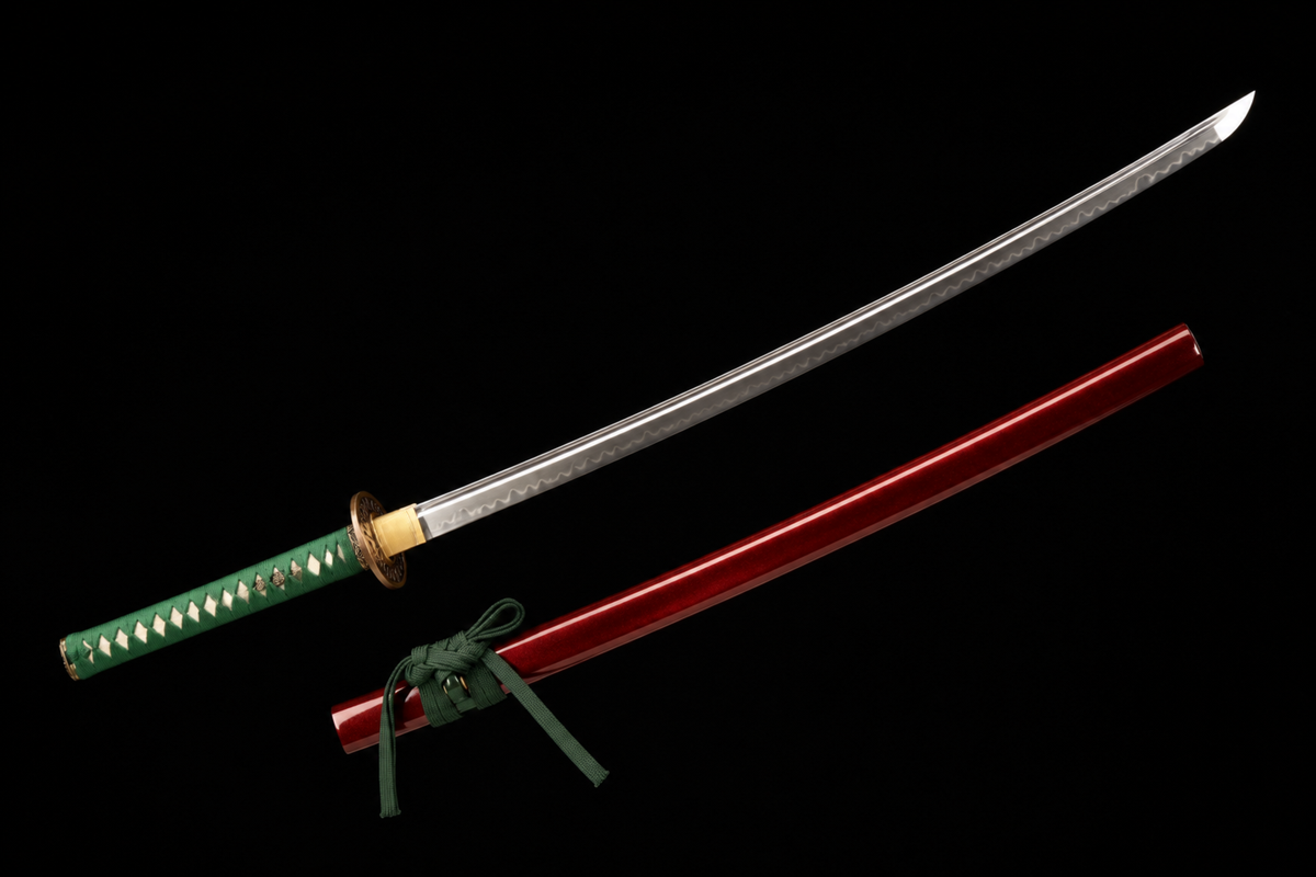 Karakusa Katana — Clay-Tempered T1095, Wine Saya, Green Ito — drawn, angled full view