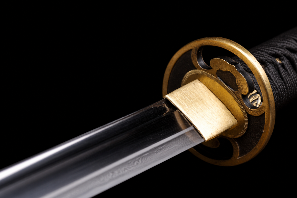 Folded Steel Short Sword — Black Ito, Olive Saya — photograph 6