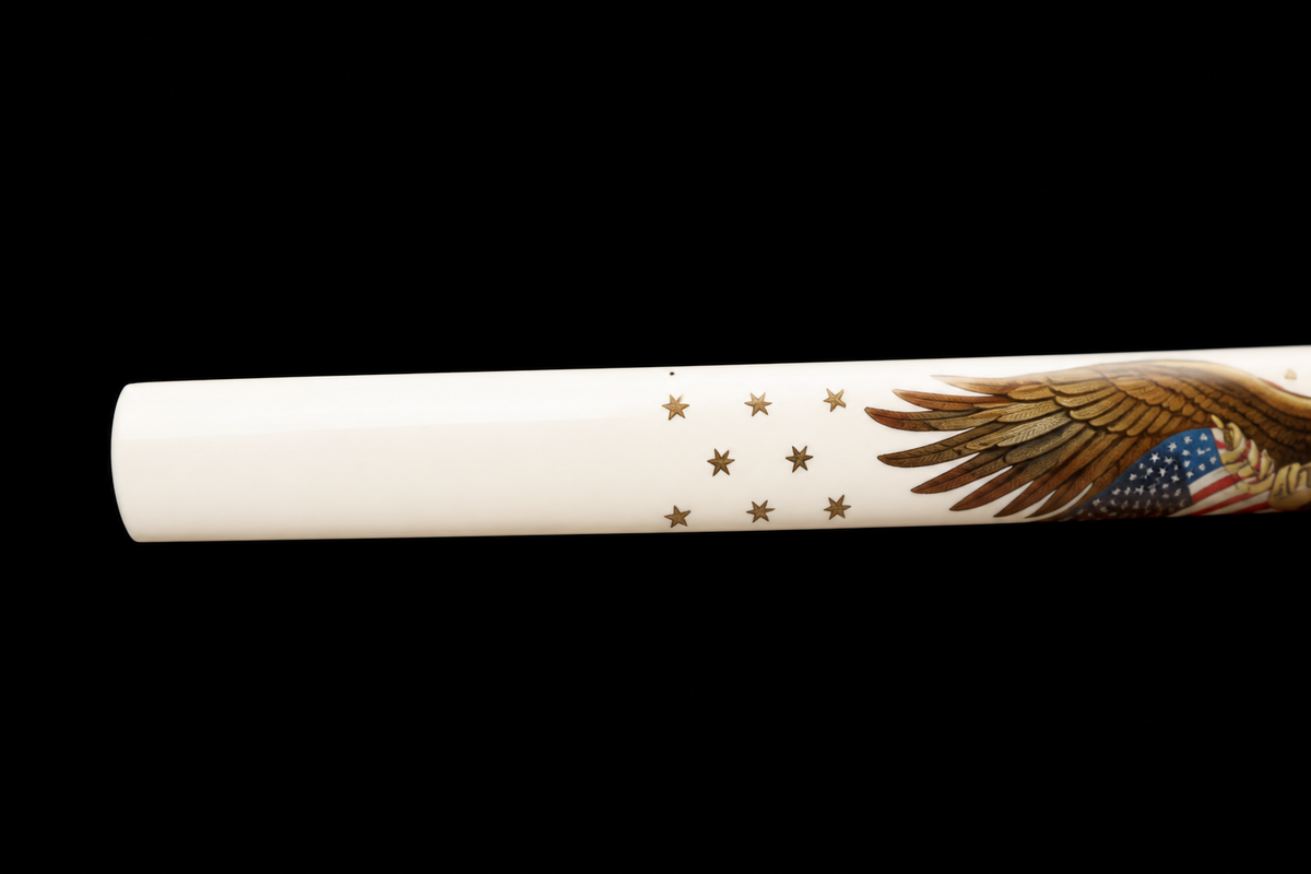 Twisted-Grain Katana — Folded T8, White Eagle Saya — kojiri and eagle motif detail