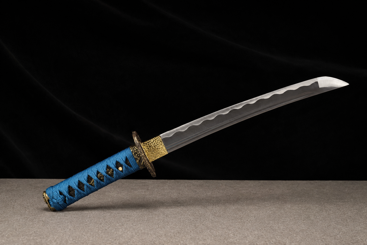Unsharpened Compact Collector Wakizashi — Grade 45 Carbon Steel, Alloy Fittings — unsheathed, full view