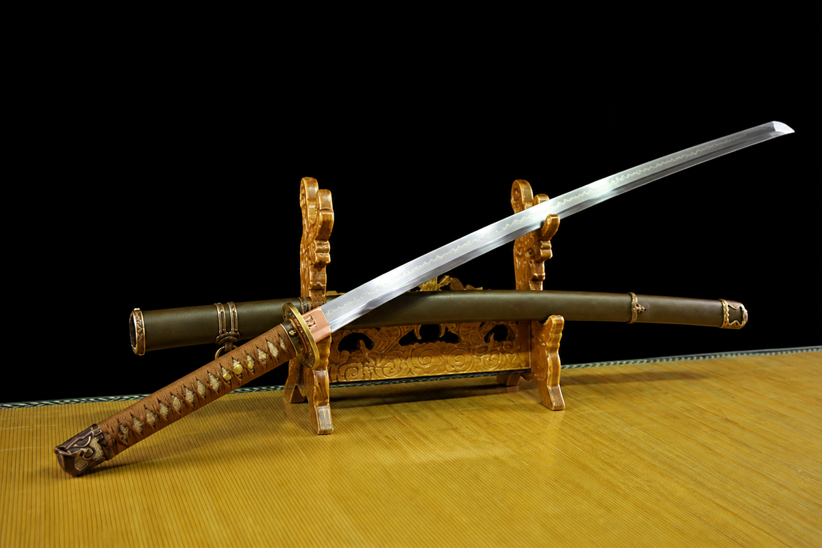 T10 Clay-Tempered Type 98 Sword — Tan Ito, Olive Iron Saya — photograph 6