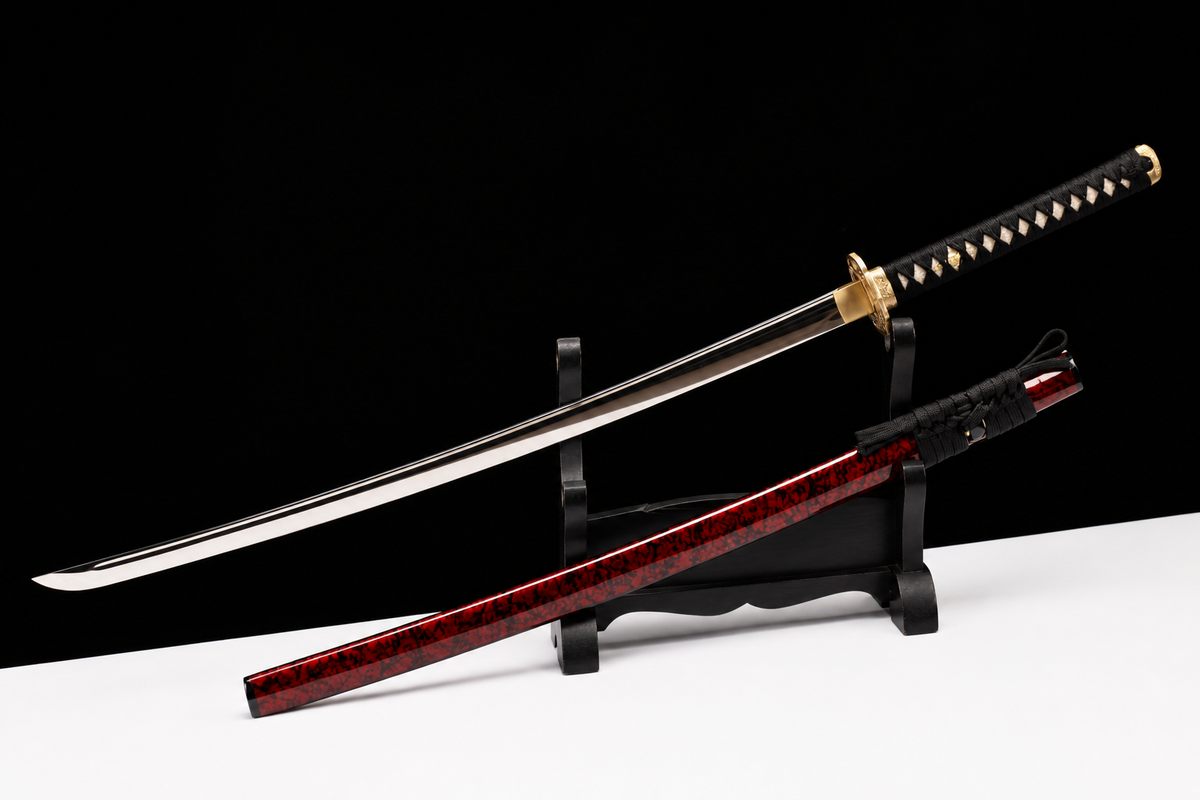 Chrysanthemum-Tsuba Katana — Mirror-Polished 5160, Red Mottled Saya — drawn, angled full view
