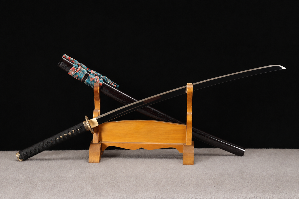 Unsharpened Phoenix Collector Katana — Spring Steel, Copper Mounts, Slim Saya — unsheathed, full view