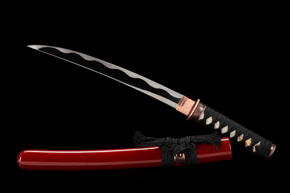 Unsharpened Red-Copper Collector Wakizashi — 1065 Steel, Pearl Rayskin Tsuka — unsheathed, angled view