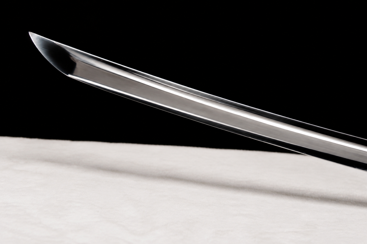 Unsharpened Dragonfly Collector Katana — Spring Steel, Plain Iron Mounts, Slim Saya — kissaki detail