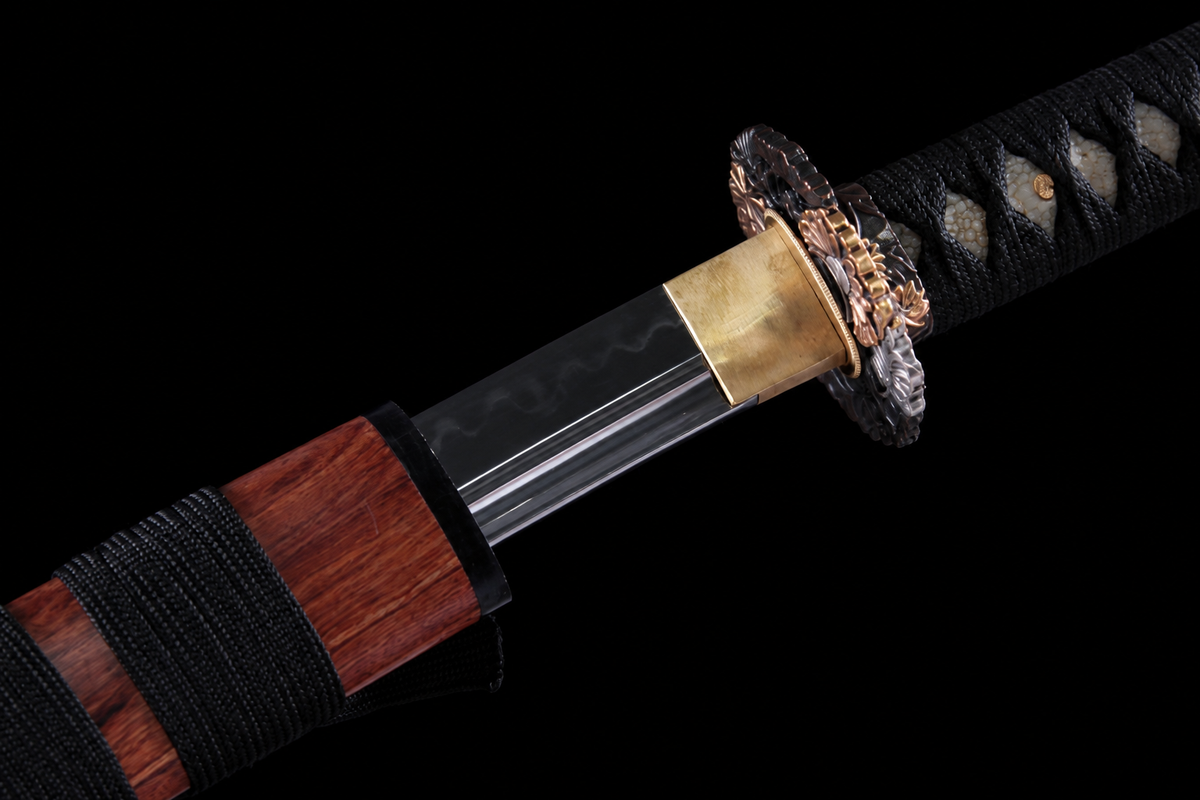 T10 Midare Short Sword — Black Ito, Wood Saya — photograph 6