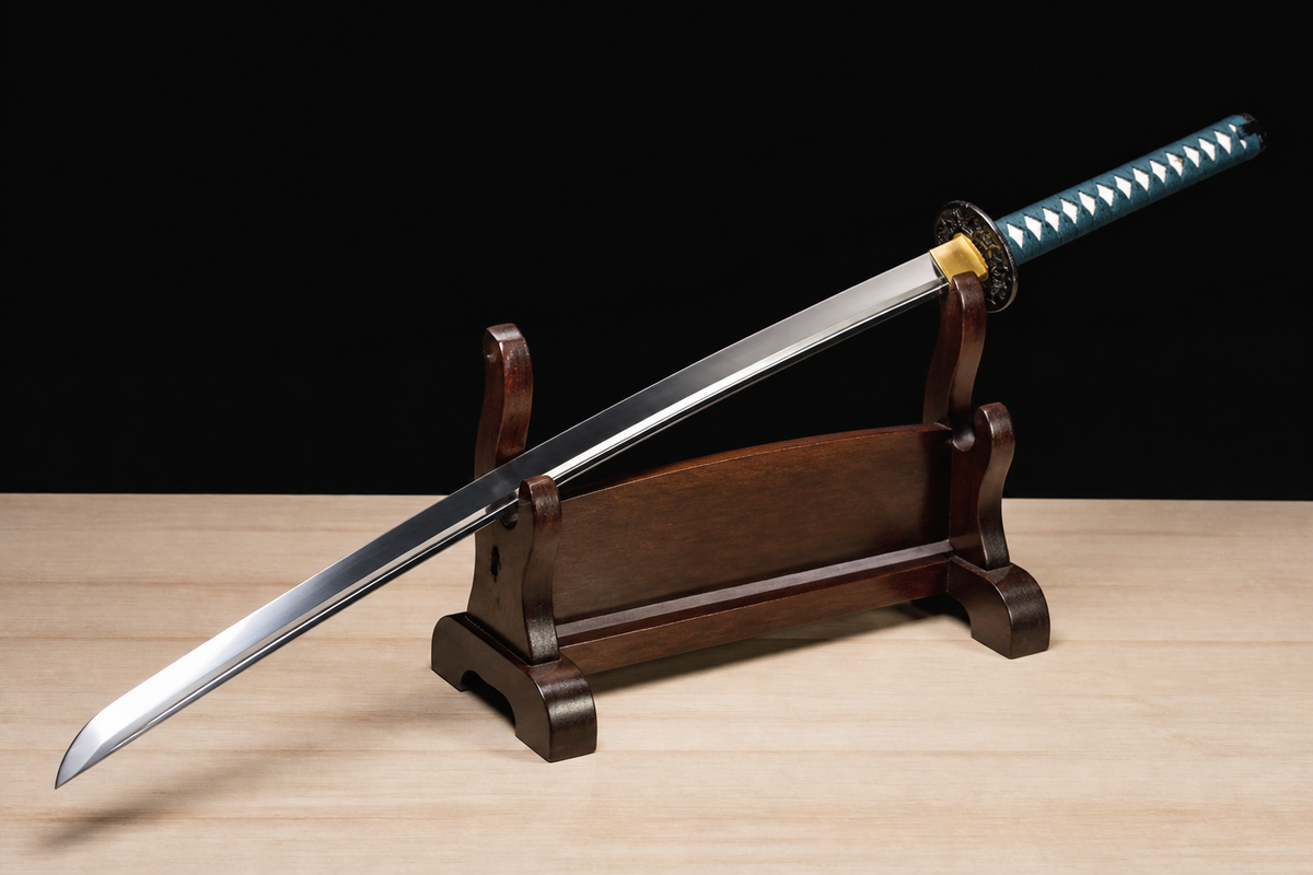 Unsharpened Hira-Zukuri Silver-Dragon Collector Katana — Mirror Polish, Alloy Fittings — unsheathed, angled view