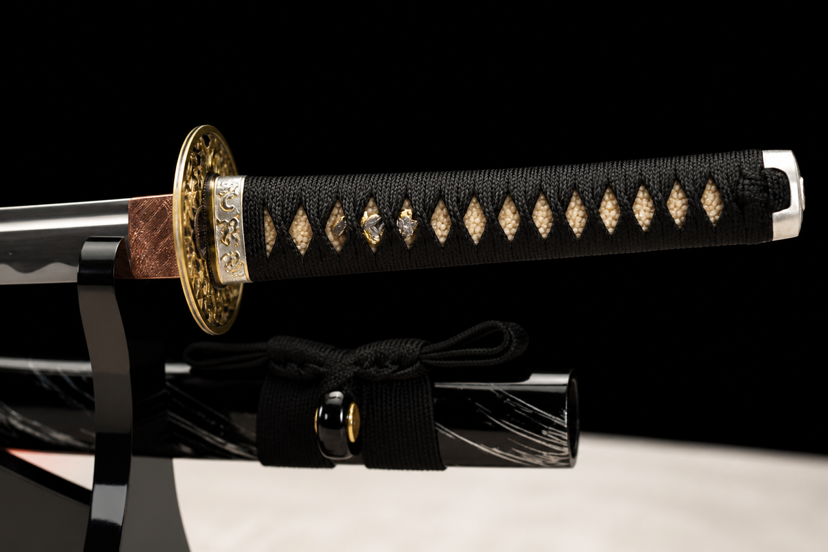 Drifting Shadow Katana — Streaked Black Saya, Copper Seppa — kashira and ito wrap detail