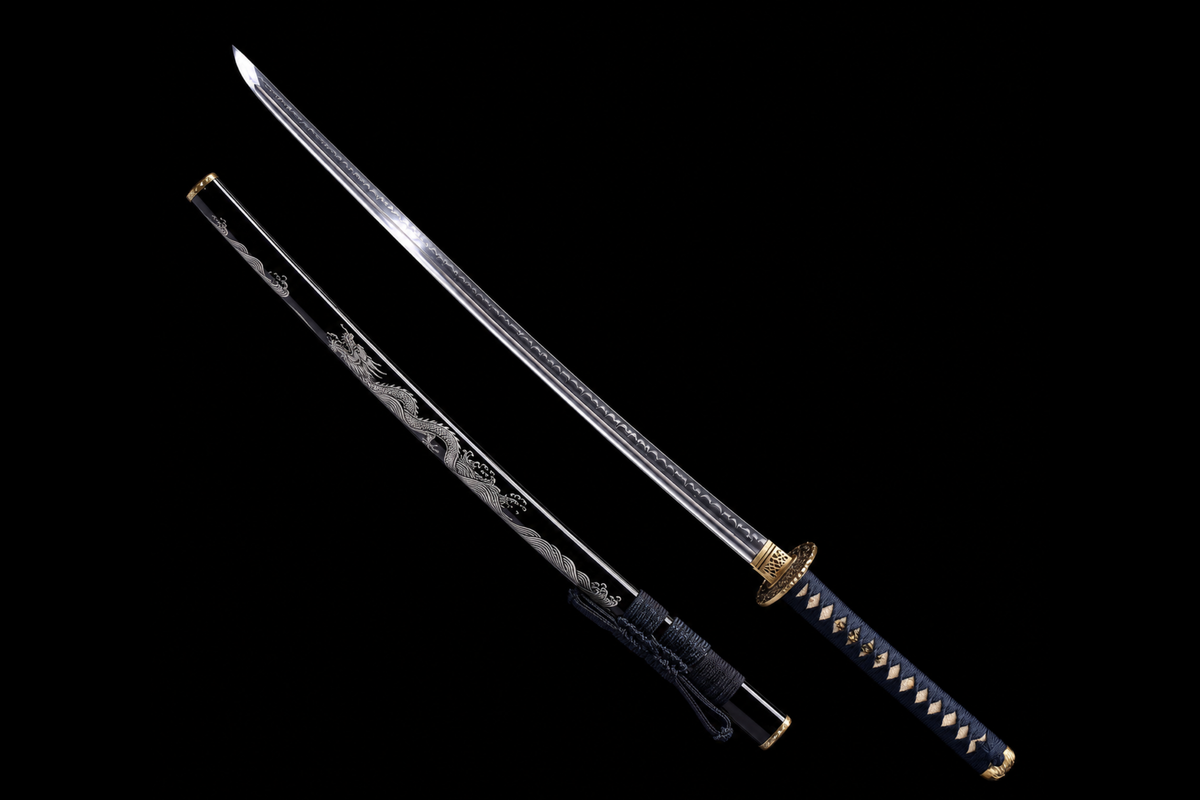 Rising Dragon Katana — Clay-Tempered T1095, Wave-Inlaid Saya, Copper Fittings — drawn, angled full view
