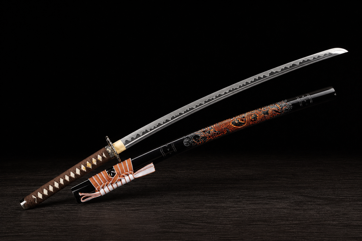 Unsharpened Twin Cloud-Dragon Relief Collector Katana — 5160 Steel, Slim Saya — unsheathed, angled view