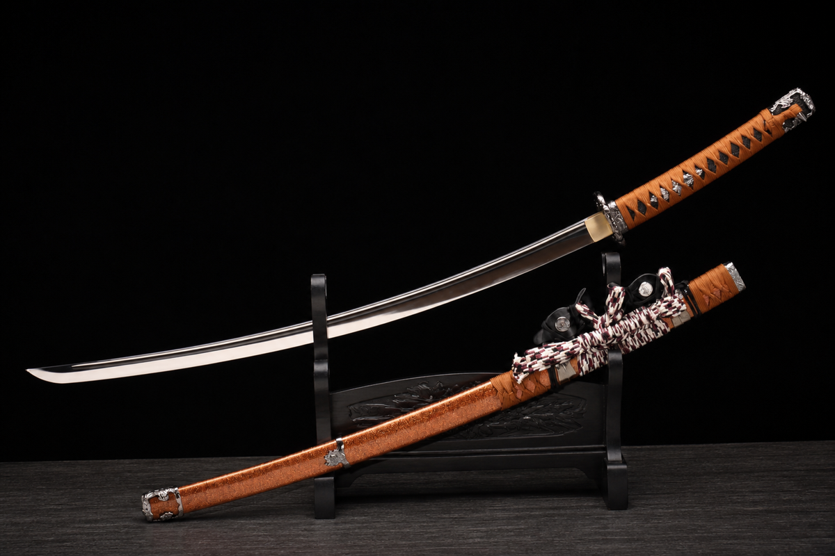 Unsharpened Deep-Curve Collector Tachi — 1060 Steel, Mirror Polish — unsheathed, angled view