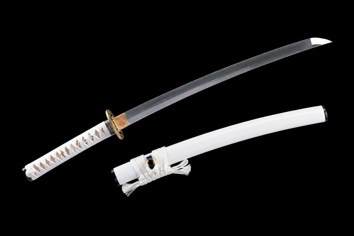 Unsharpened Platinum-Tone Collector Katana — 1065 Steel, White Dragonfly Tsuba — unsheathed, angled view