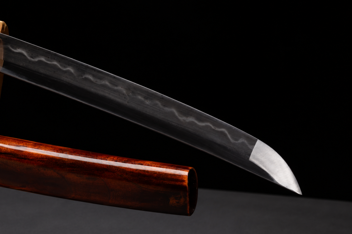 Unsharpened Bamboo-Tiger Collector Wakizashi — Clay-Tempered T10, Copper Fittings — unsheathed, angled view