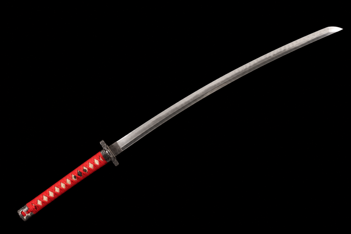 Unsharpened Shogunate Collector Tachi — Clay-Tempered, Wild Rayskin Tsuka — unsheathed, angled view