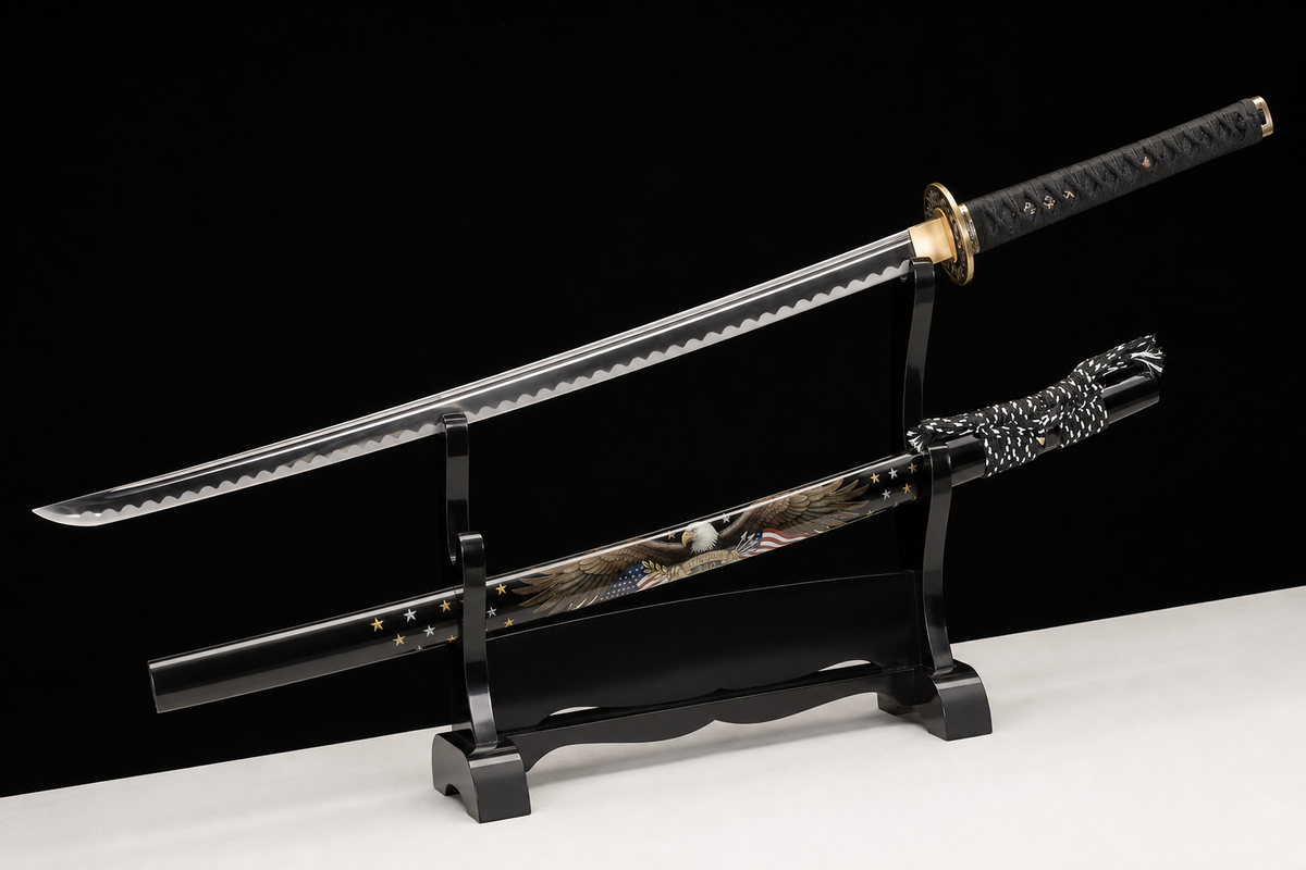 Eagle-Motif Katana — Mirror-Polished 5160, Black Lacquered Saya — drawn, angled full view