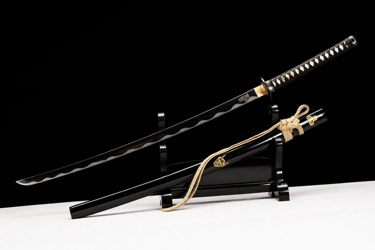 Mirror-Polished Katana — 5160 Spring Steel, Black Kamon Saya, Iron Tsuba — drawn, angled full view