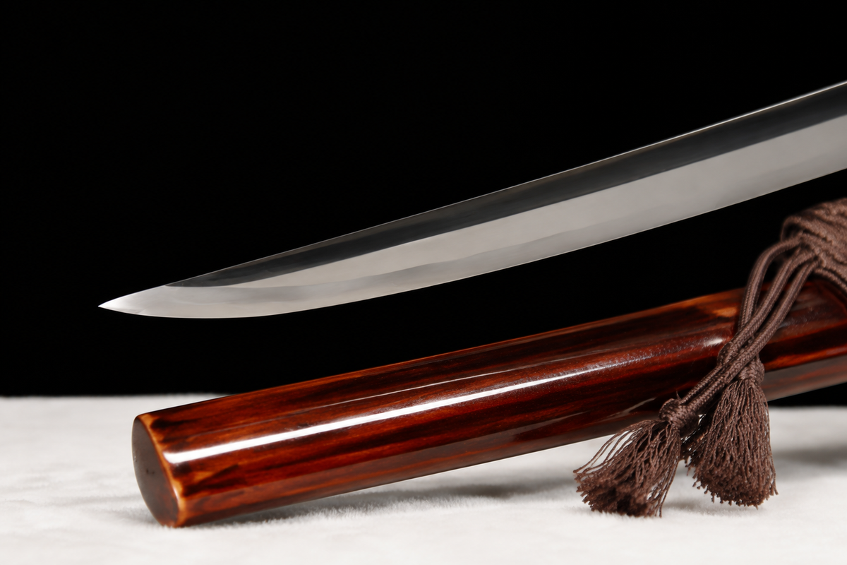 Unsharpened Collector Wakizashi — T10 Tool Steel, Clay-Tempered, Copper Tsuba — saya detail