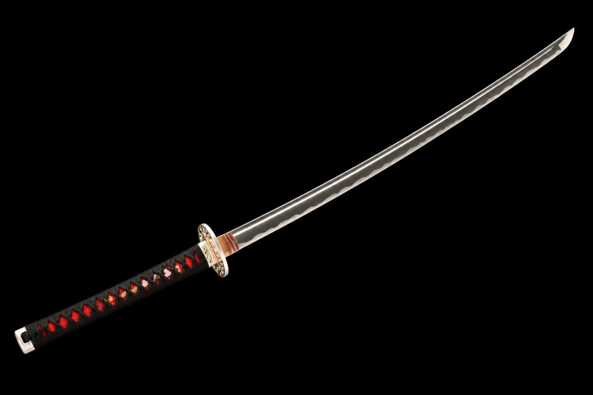 Dragon Plum Katana — Black Kamon Saya, Red-Accent Ito — drawn, angled full view