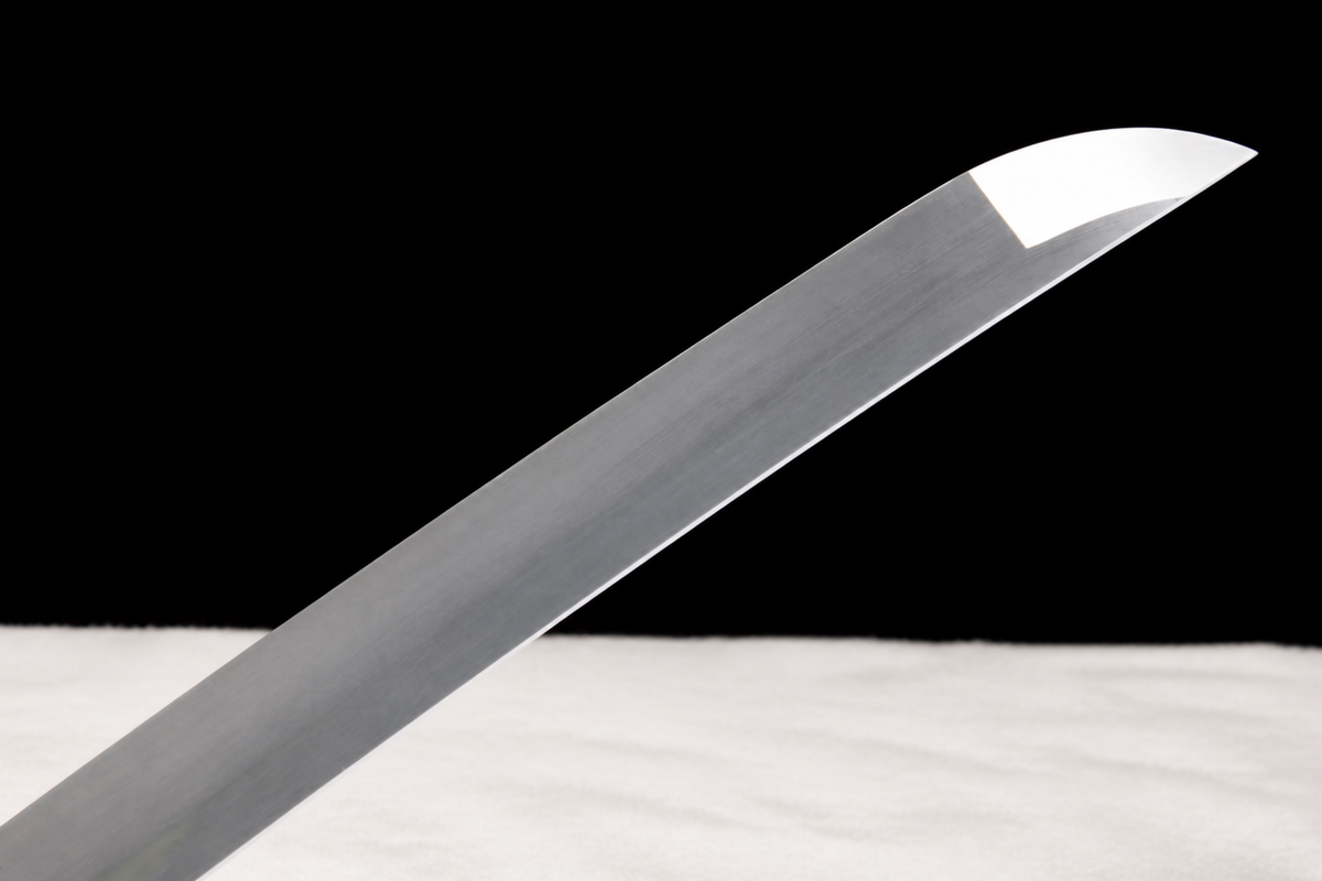Unsharpened Black Sakura Collector Katana — 1065 Steel, Piano-Lacquer Saya — kissaki polish detail