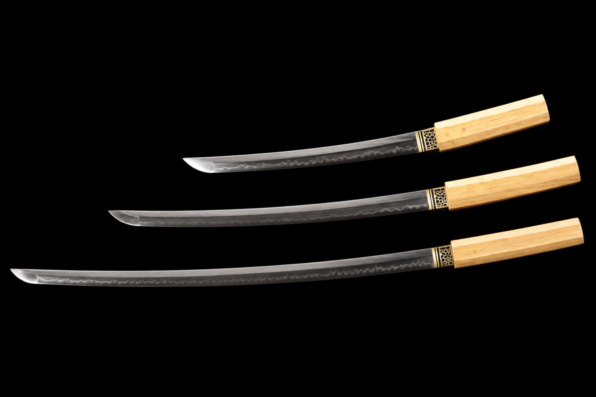 Unsharpened Three-Piece Collector Set — Clay-Tempered T10, Hexagonal White-Wood Saya — 三件套斜向出鞘全景