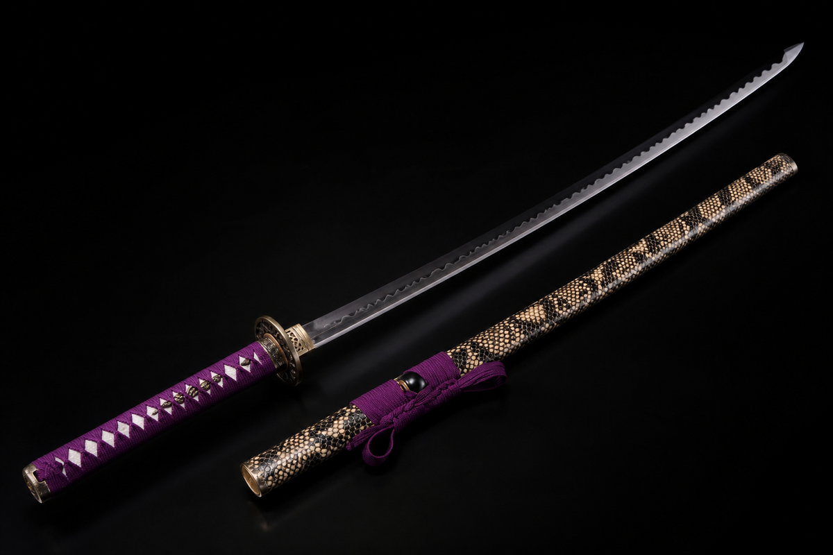 Unsharpened Serpent-Motif Collector Katana — Grade 45 Carbon Steel, Lacquered Hardwood Saya — unsheathed, angled view