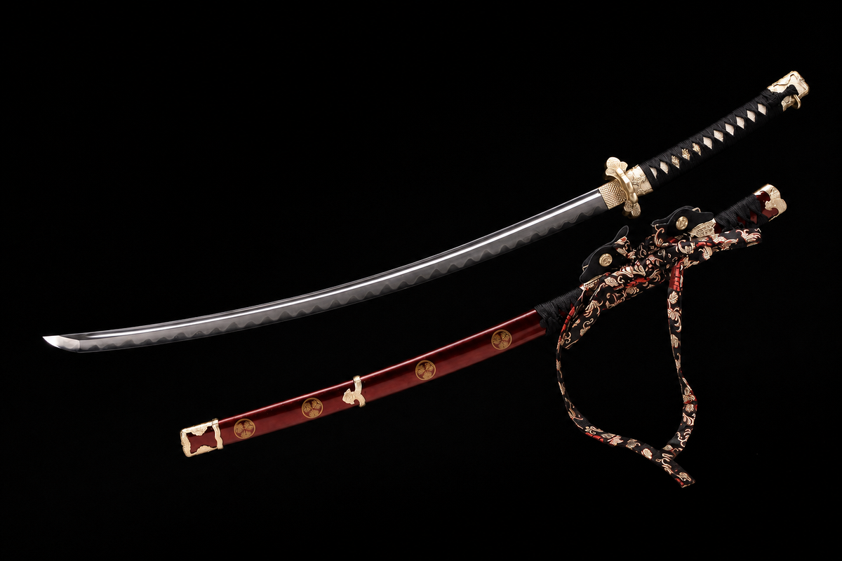 Unsharpened Shogunate Collector Tachi — Clay-Tempered, Copper Fittings — unsheathed angle