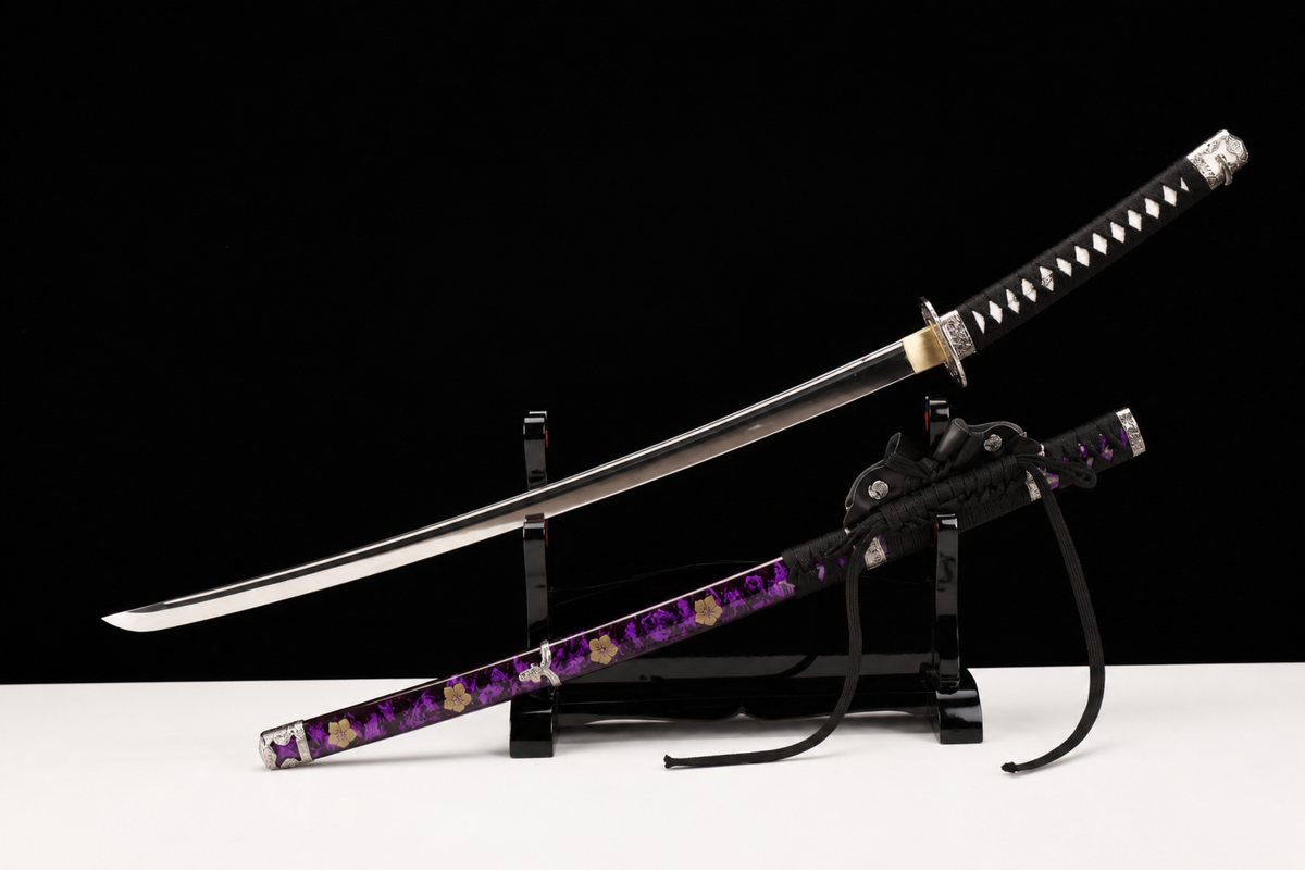 Angled-Tsuka Katana — Mirror-Polished 5160, Plum-Pattern Saya — drawn, angled full view