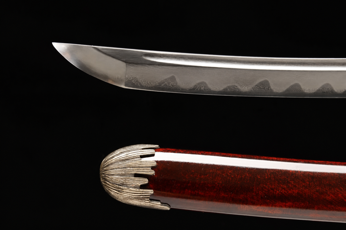 Unsharpened Silver-Tone Collector Katana — Clay-Tempered, True Yokote — 刀尖研磨与鞘尾细节