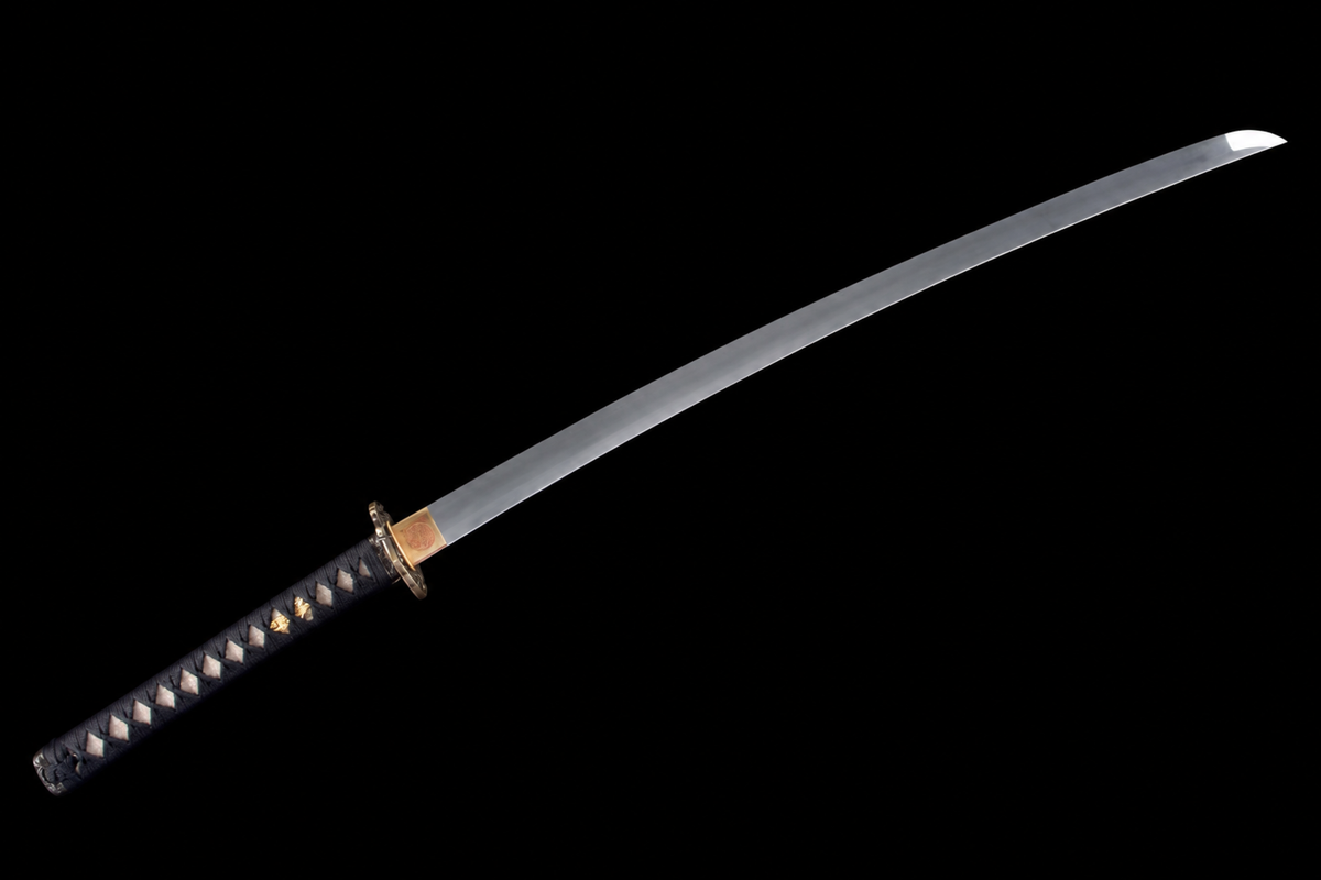 Unsharpened Twin-Fish Wave Collector Katana — 1065 Steel, Piano-Lacquer Saya — unsheathed, angled view
