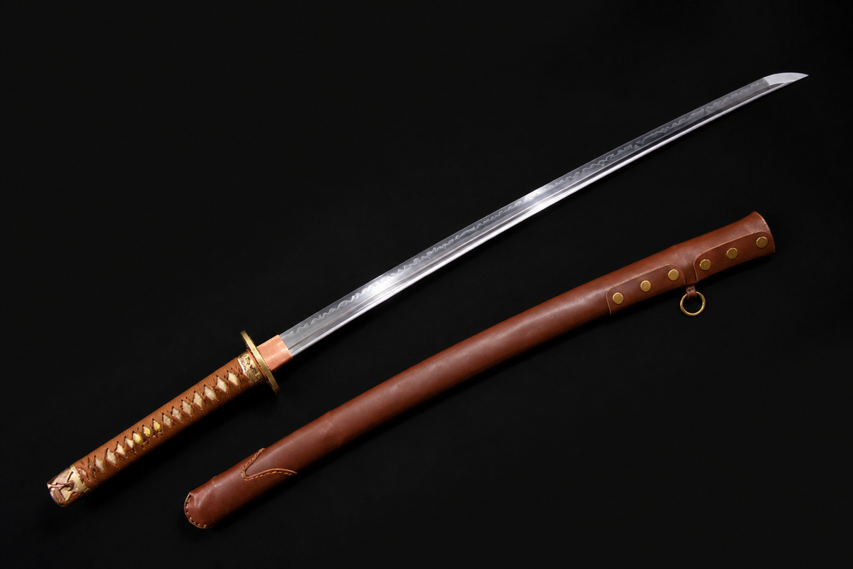 Folded Steel Type 98 Sword — Tan Ito, Studded Leather Saya — photograph 6
