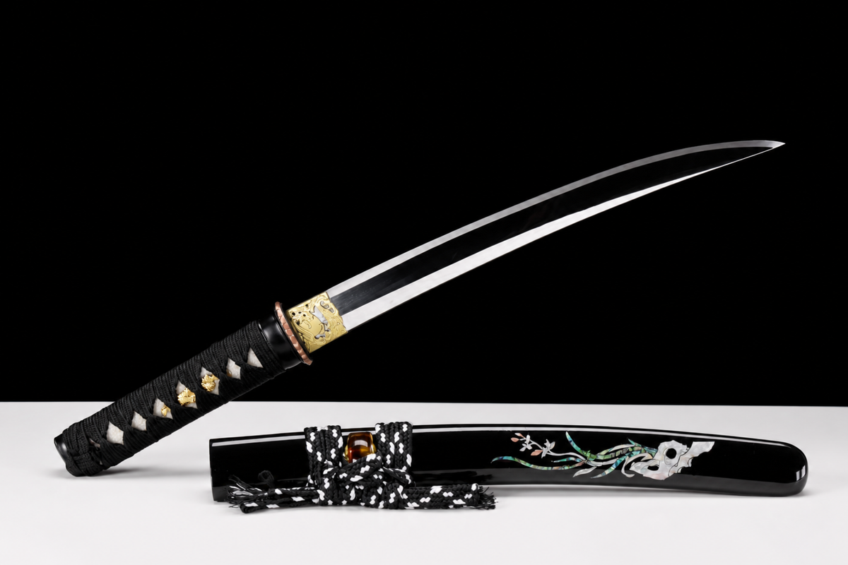 Shell-Inlay Wakizashi — Mirror-Polished 1065, Copper Fittings — drawn, angled full view