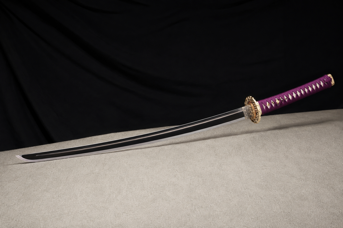 Unsharpened Purple-Flame Collector Katana — Slim Saya, Copper Fittings — unsheathed, angled view