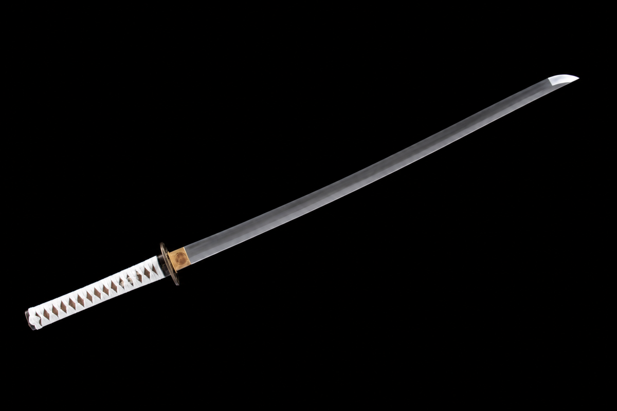 Unsharpened White Dragonfly Collector Katana — 1065 Steel, Piano-Lacquer Saya — unsheathed, angled view