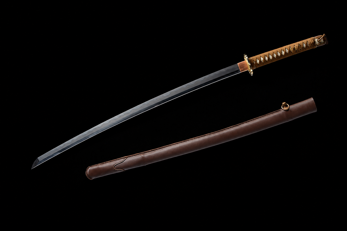 Kobuse Jigane Type 98 Sword — Tan Ito, Brown Leather Saya — photograph 6